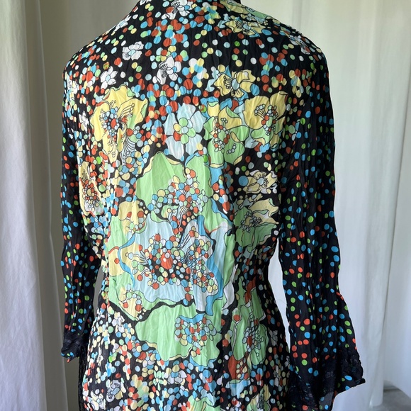 Women’s Blouse Colorful Polka Dot & Floral Print with Lace & Ribbon Accent - Picture 9 of 10